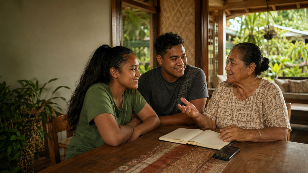 Young Samoan family members practicing essential Samoan phrases together