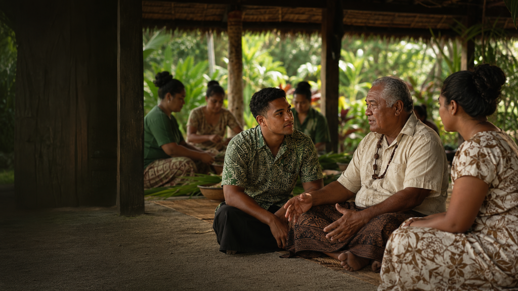 Matai sitting with his family