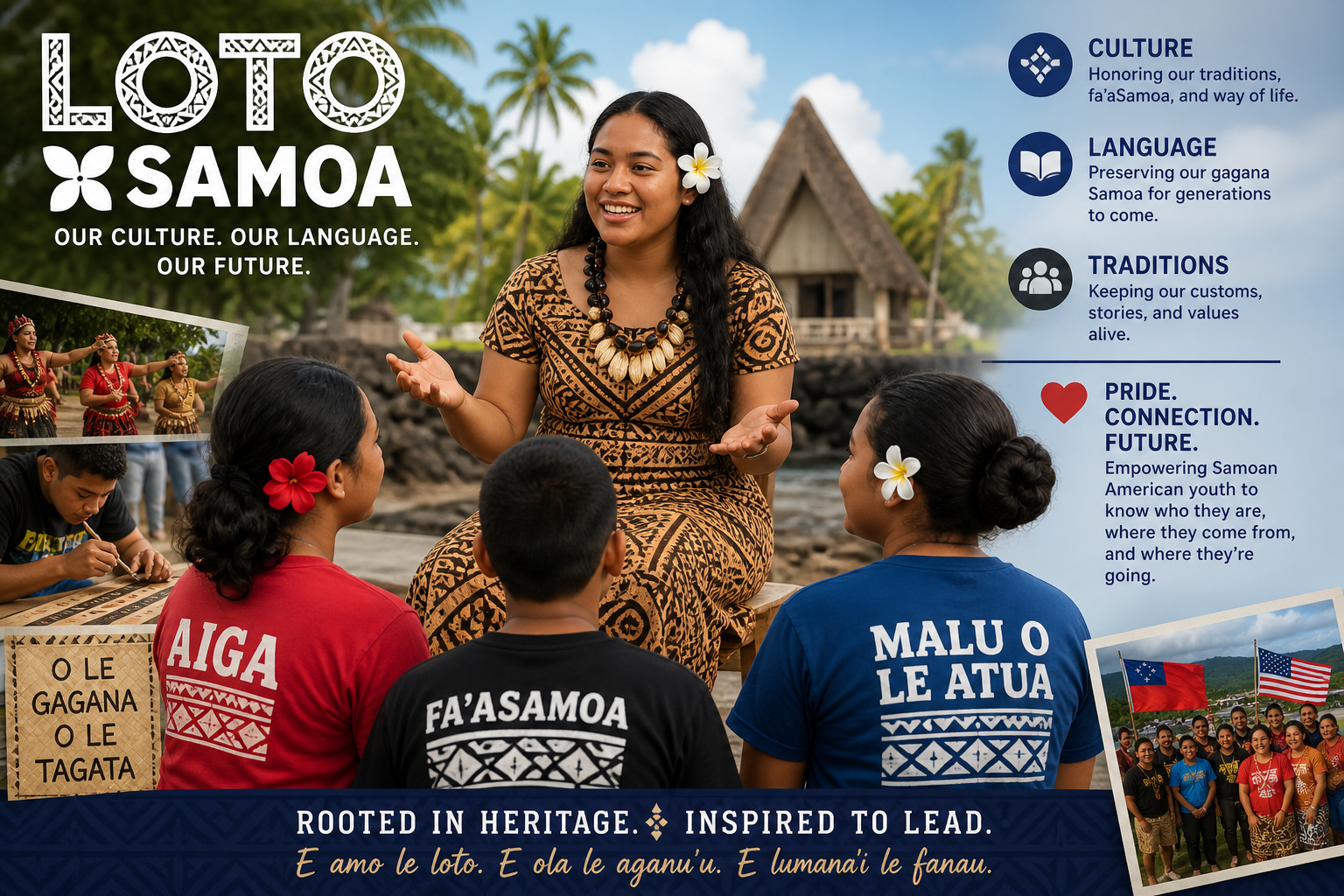 Promotional poster for Loto Samoa showing a woman teaching Samoan youth about